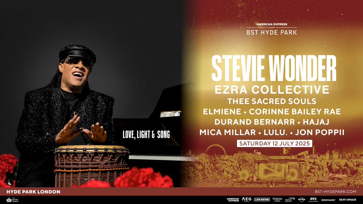 Live Nation UK (@livenationuk) on Twitter photo NEXT WEEK: @steviewonder will be joined by @ezracollective, @theesacredsouls, @_elmiene_, <a href="/CorinneBRae/">Corinne Bailey Rae</a>, <a href="/durandbernarr/">Yo’ Grammy Nominated Cousin</a>, <a href="/hajajrecordings/">Hajaj</a>, @mica_millar, <a href="/itsluuluu_xx/">LULU.</a> & Jon Poppii at American Express presents <a href="/BSTHydePark/">BST Hyde Park</a> 🎶
Secure tickets while you can 👉 livenation.uk/tm1R50WjAIX NEXT WEEK: @steviewonder will be joined by @ezracollective, @theesacredsouls, @_elmiene_, <a href="/CorinneBRae/">Corinne Bailey Rae</a>, <a href="/durandbernarr/">Yo’ Grammy Nominated Cousin</a>, <a href="/hajajrecordings/">Hajaj</a>, @mica_millar, <a href="/itsluuluu_xx/">LULU.</a> & Jon Poppii at American Express presents <a href="/BSTHydePark/">BST Hyde Park</a> 🎶
Secure tickets while you can 👉 livenation.uk/tm1R50WjAIX