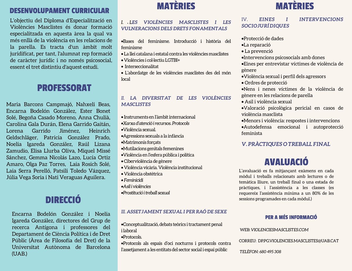 Grup Antígona (@grupantigona) on Twitter photo POSTGRAU VIOLÈNCIES MASCLISTES. Matrícula oberta
#estudiar #presencial #postgrado #master #violenciacontralamujer #violenciasexual #violenciavicacia #violenciainstitucional #ciberviolencia #acoso #prostitucion #manoesfera
<a href="/GrupAntigona/">Grup Antígona</a> <a href="/diba/">Diputació de Barcelona</a> <a href="/UABBarcelona/">Universitat Autònoma de Barcelona</a> POSTGRAU VIOLÈNCIES MASCLISTES. Matrícula oberta
#estudiar #presencial #postgrado #master #violenciacontralamujer #violenciasexual #violenciavicacia #violenciainstitucional #ciberviolencia #acoso #prostitucion #manoesfera
<a href="/GrupAntigona/">Grup Antígona</a> <a href="/diba/">Diputació de Barcelona</a> <a href="/UABBarcelona/">Universitat Autònoma de Barcelona</a>