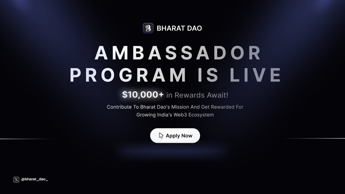 🚨 <a href="/bharat_dao_/">Bharat Dao ($BDAO)</a> Ambassador Program is LIVE! 🇮🇳 

Are you a Web3 creator, builder, or community leader?

This is your chance to earn from a $10,000+ reward pool, grow your network, and lead India’s decentralized future.

Join the Discord: discord.gg/rvrMHvnK
