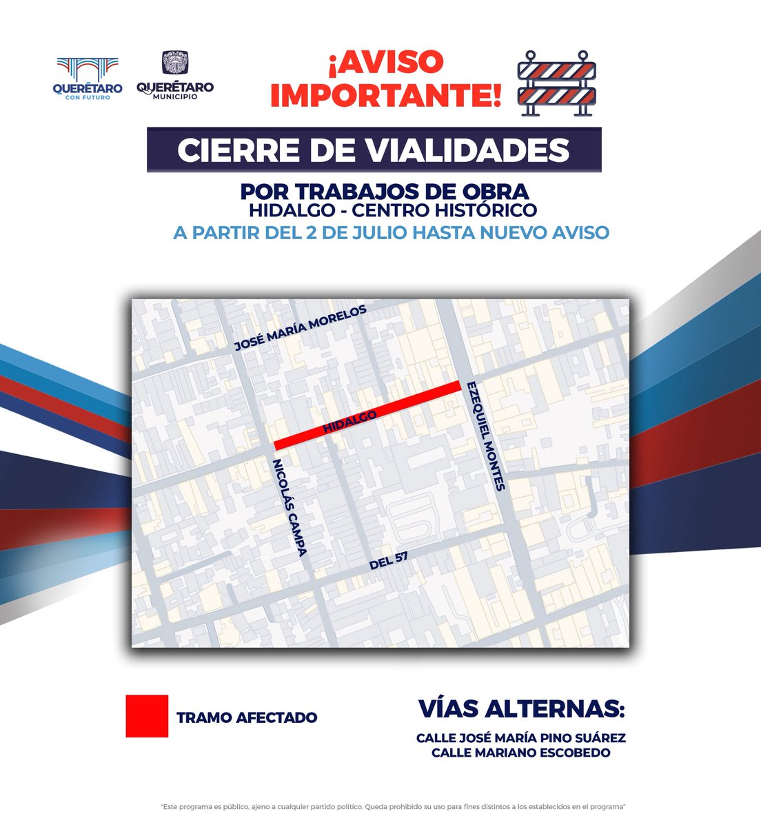 🚧 AVISO IMPORTANTE
Por trabajos de obra, la calle Hidalgo en el Centro Histórico estará cerrada a partir del 2 de julio, hasta nuevo aviso.

Planifica con tiempo tus salidas y toma vías alternas

¡Gracias por tu comprensión!