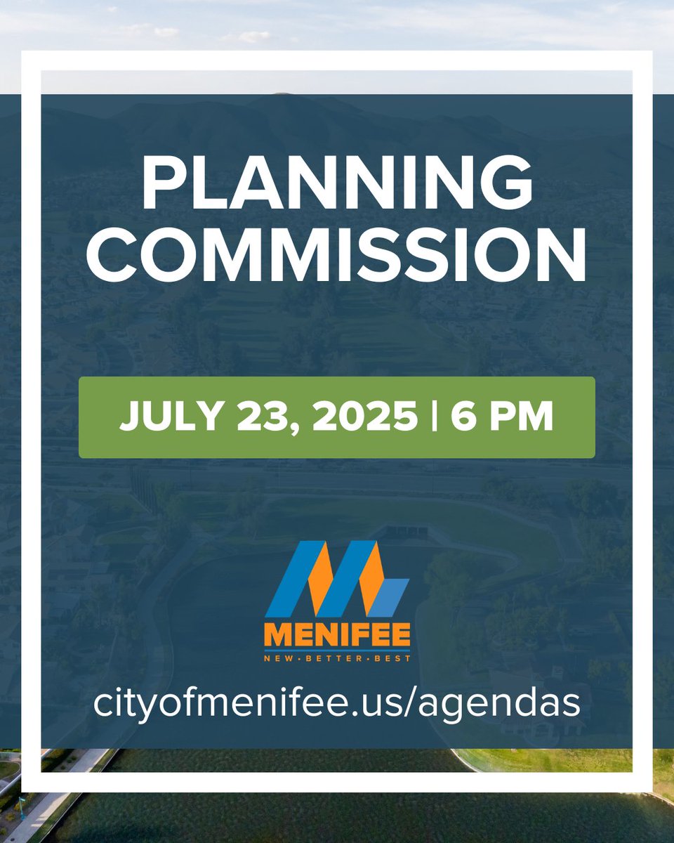 Please note the following meeting dates at Menifee City Hall for July 2025:

Additional Special Meetings may be scheduled. Sign up for notifications and get updates on upcoming City of Menifee meetings by visiting cityofmenifee.us/agendas.