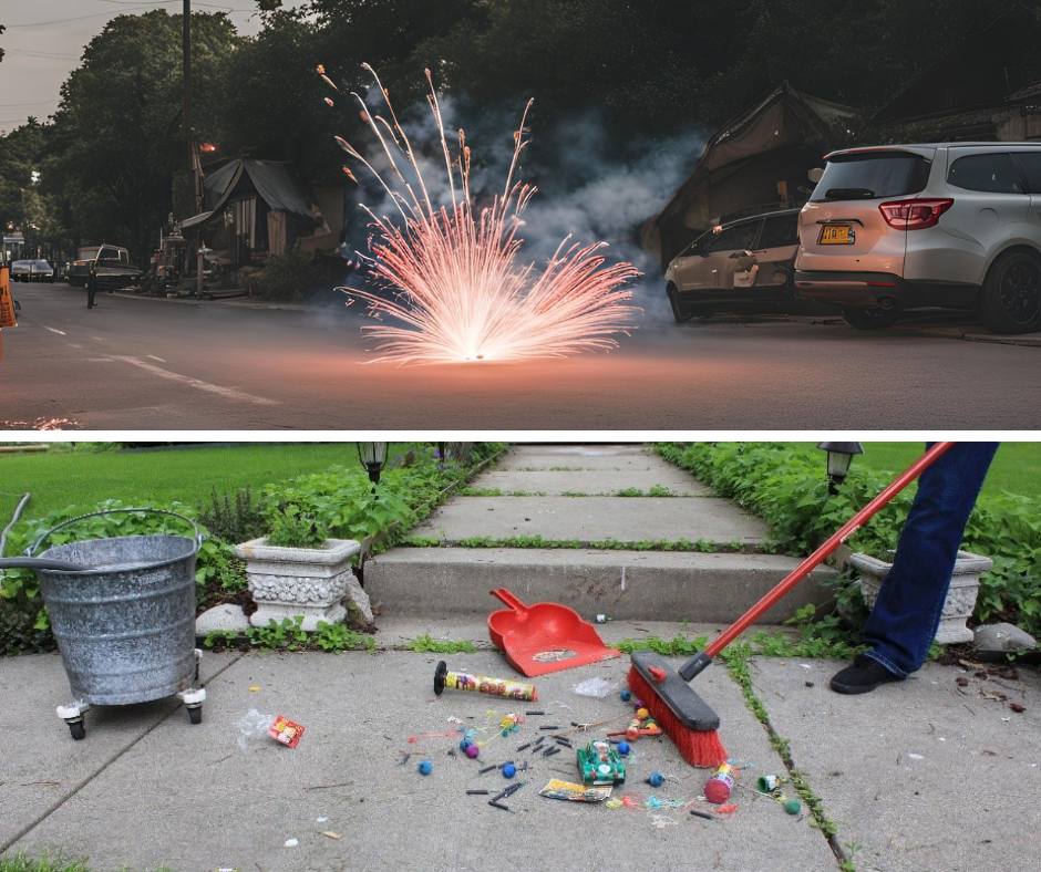 When you're done celebrating, soak used fireworks in a metal bucket of water or sand before tossing them in the trash. Never put unexploded fireworks in regular trash or recycling—they’re a fire risk and can damage collection trucks.