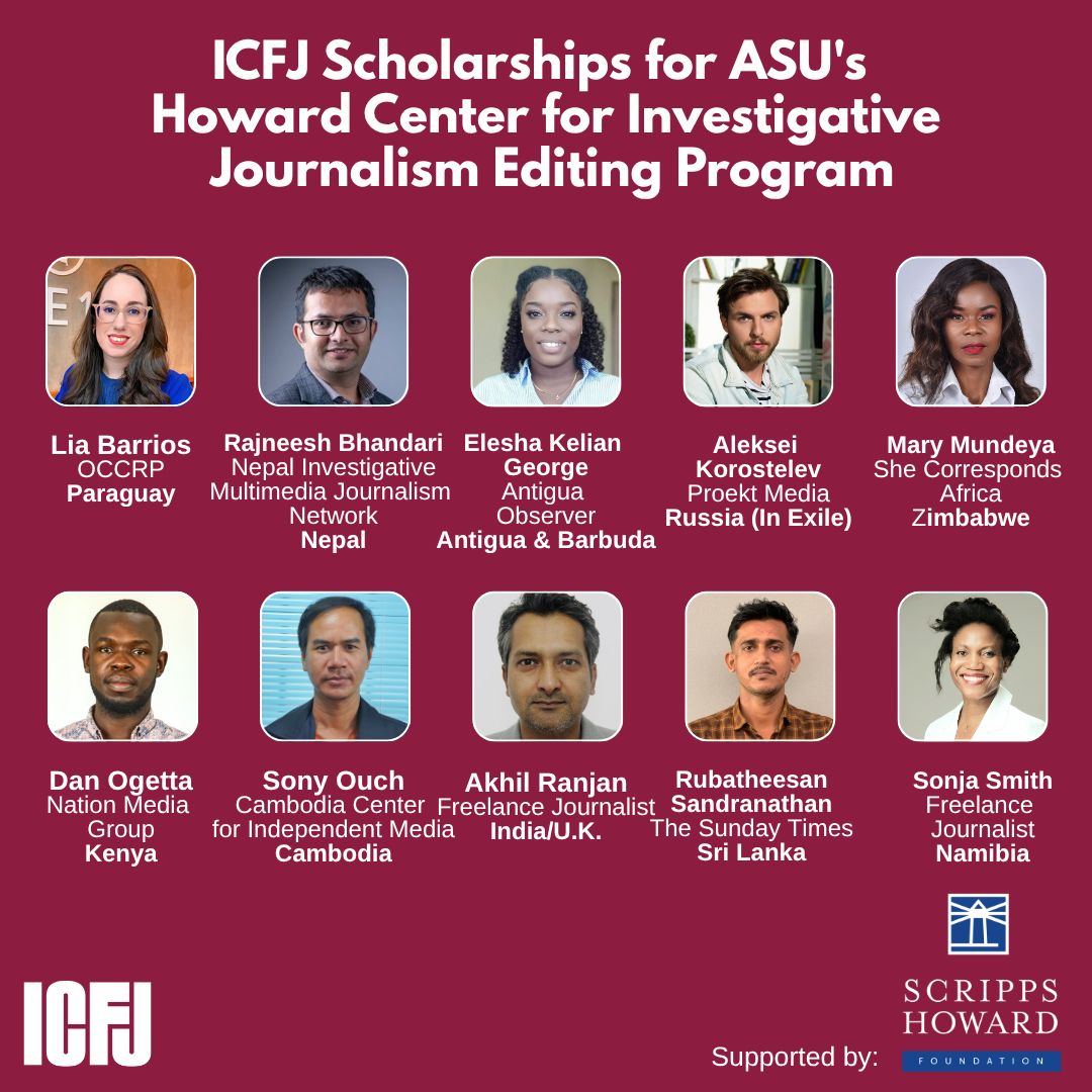 ICFJ's tweet image. 🎉 Congratulations to the recipients of our ASU Investigative Editing Program scholarships!
Ten outstanding journalists from around the world will take part in a 12-week online course led by the award-winning faculty of ASU’s Walter Cronkite School and the Howard Center for…