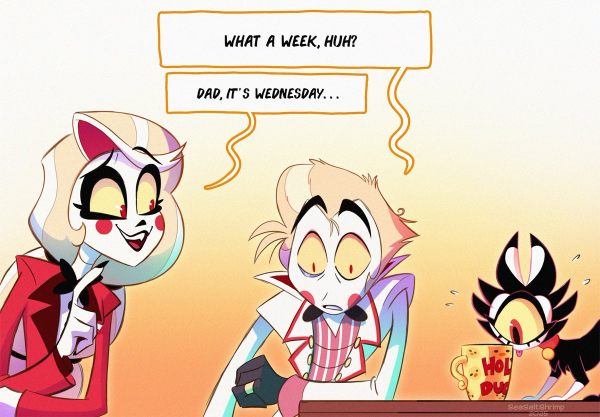 SeaSaltShrimp's tweet image. A typical day in hell 🔥
I just think they fit the meme
#HazbinHotel #HazbinHotelCharlie #HazbinHotelLucifer