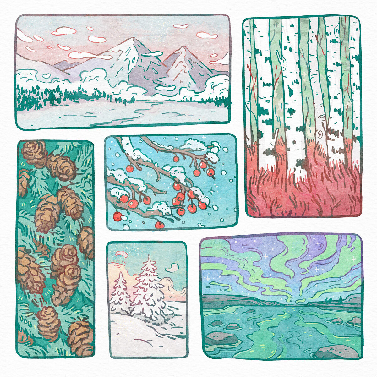 andthegrunlings's tweet image. Two of my older artworks: summer moments and winter moments 🌱 Do you like the warm vibes or are you missing winter already? #art #inspiredbynature #illustration #digitalart #procreate