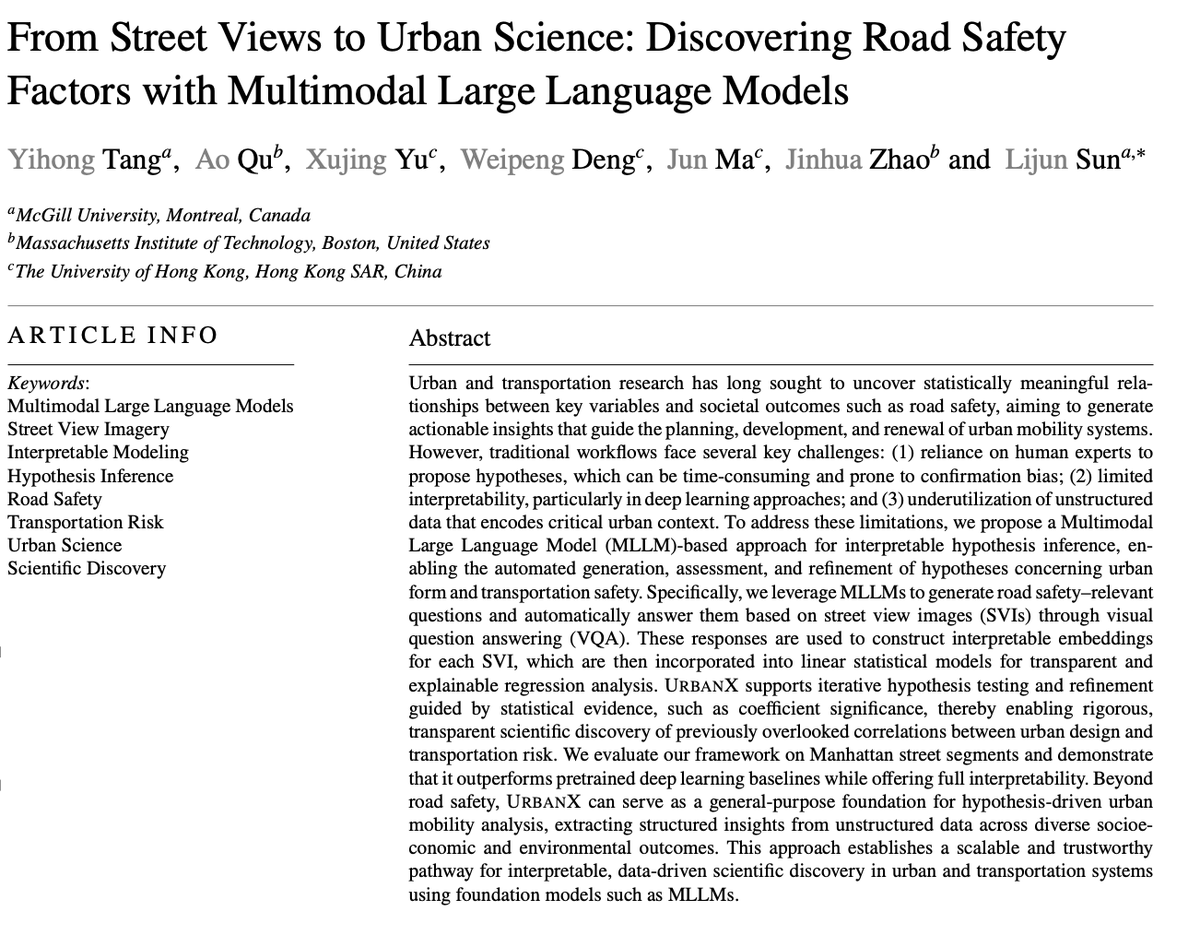 gvrkiran's tweet image. LLMs are really good at working with street view imagery (e.g. to predict road safety, identify businesses, and other factors etc).
This paper builds a pipeline for large scale urban analytics using LLMs.
arxiv.org/abs/2506.02242