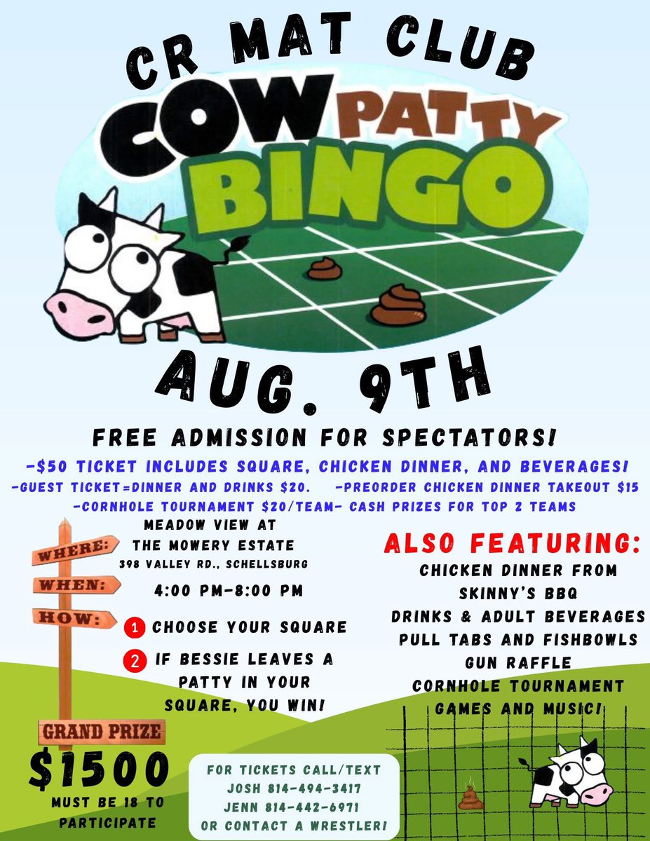 Looking for some great food and fun time! Saturday, August 9th, the CR Mat Club will be hosting a chicken bbq and cow patty bingo fundraiser for our Lion wrestlers! Contact your CR wrestling coaches or Mat Club officers for tickets!!