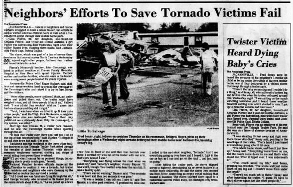 Jacksonville–Hubert, NC F2 #Tornado – July 2, 1986!

Severe storms swept across North Carolina, producing damaging straight-line winds and at least one confirmed tornado. The F2 twister struck the Triangle Trailer Park in Jacksonville, destroying ten mobile homes.

Tragically, a