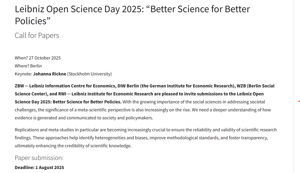 jrgptrs's tweet image. Better science for better policies: The next edition of our Leibniz Open Science Day in Berlin is coming up. Submit your work or just attend. Focus is on the social sciences but submissions from all fields are welcome. #metascience2025 zbw.eu/en/about-us/ev…