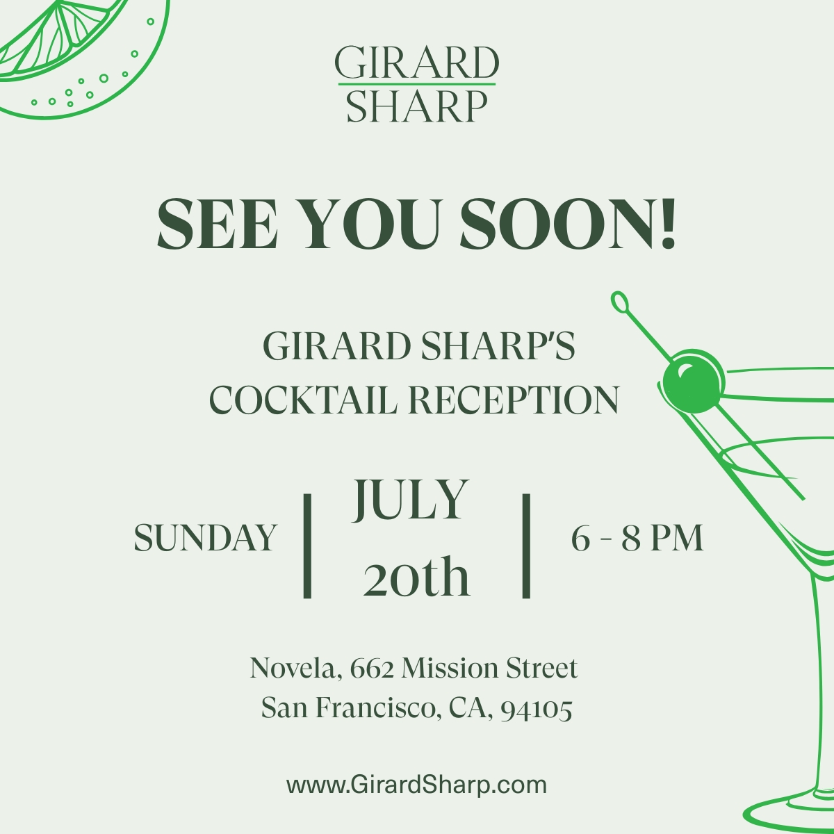 GirardSharp's tweet image. Three days until our cocktail reception! Sunday, July 20th, 6:00-8:00 PM at Novela in San Francisco. Join us for networking with fellow legal professionals.

#LegalNetworking #SanFranciscoEvent #CocktailReception