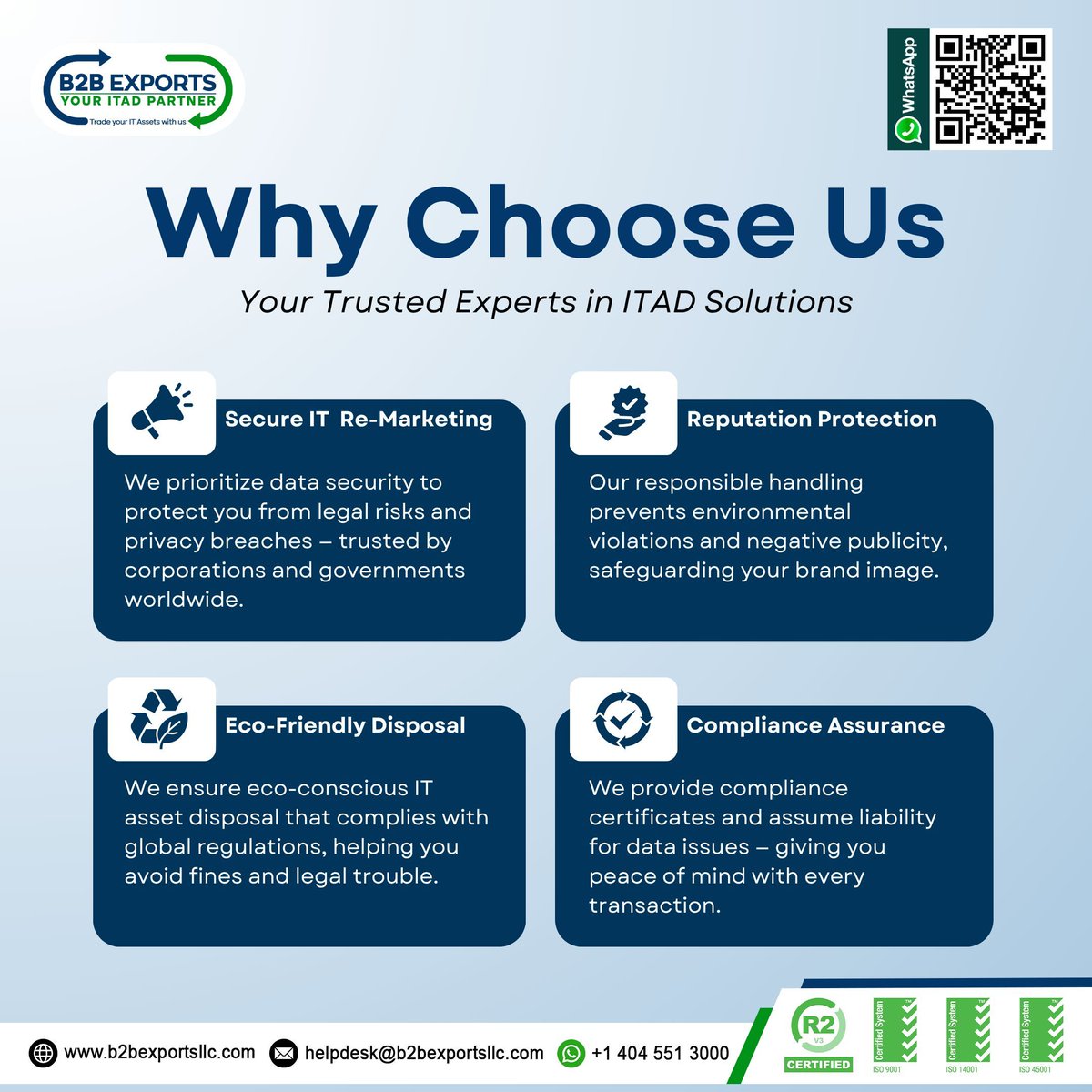 B2BExports_llc's tweet image. Looking for secure, eco-friendly and certified IT asset disposal solutions?🤔 
🤙 DM Now (#WhatsApp): api.whatsapp.com/send?phone=140…
 
📱Contact Us:
🌐 b2bexportsllc.com/contact-us
📧 helpdesk@b2bexportsllc.com
📞 +1 4045513000
 
#B2BExports #ITADSolutions #SecureDisposal #ITAssetDisposition