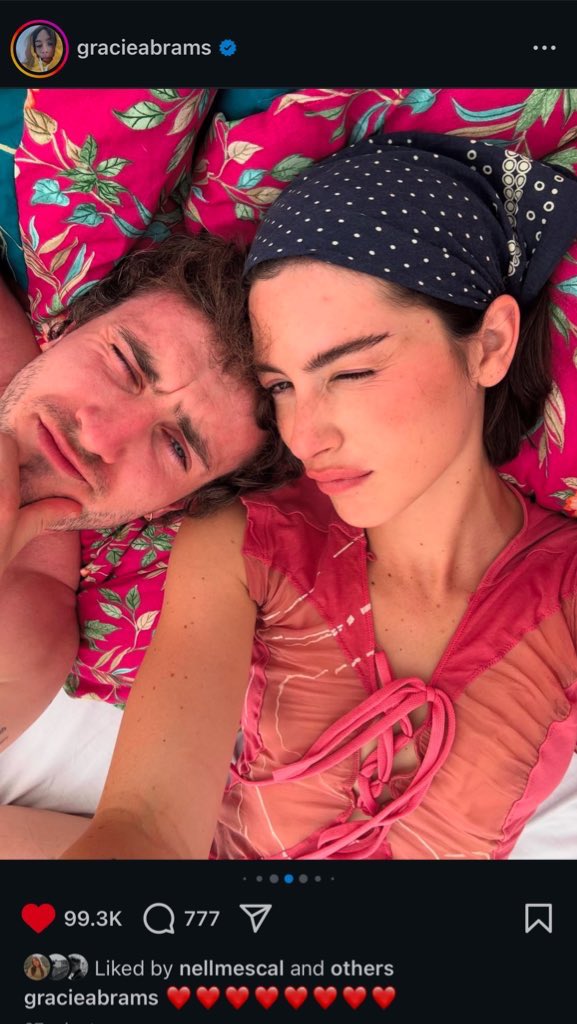 abramsmescal's tweet photo. Today (July 2nd, 2025), Gracie Abrams made her relationship with Paul Mescal official on her social media. On June 29th, she posted a story with him at Olivia Rodrigo’s show at the Glastonbury Festival. https://t.co/adkDQZZQAs
