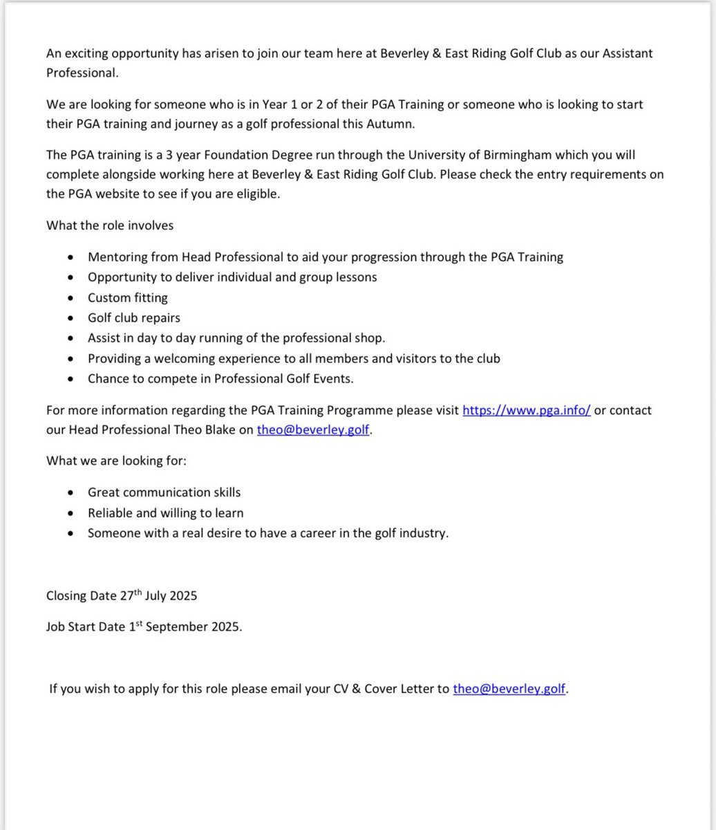 🚨We are pleased to announce that we are looking to take on an Assistant Professional to start this September. 🚨

We are open to applications to current PGA trainees and also individuals who are wanting to start their PGA training this year. 

Please share!