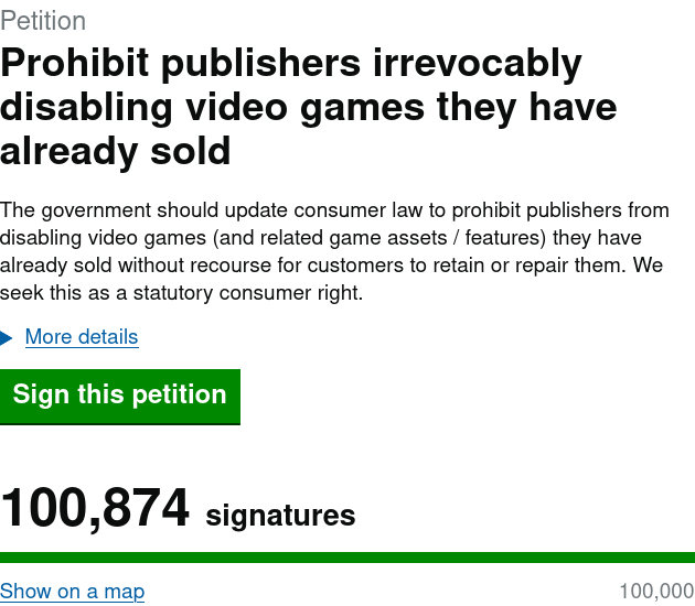 Gorrororor's tweet image. In just two days, the #StopKillingGames UK government petition got the last 50k signatures needed for the parliament to consider it!