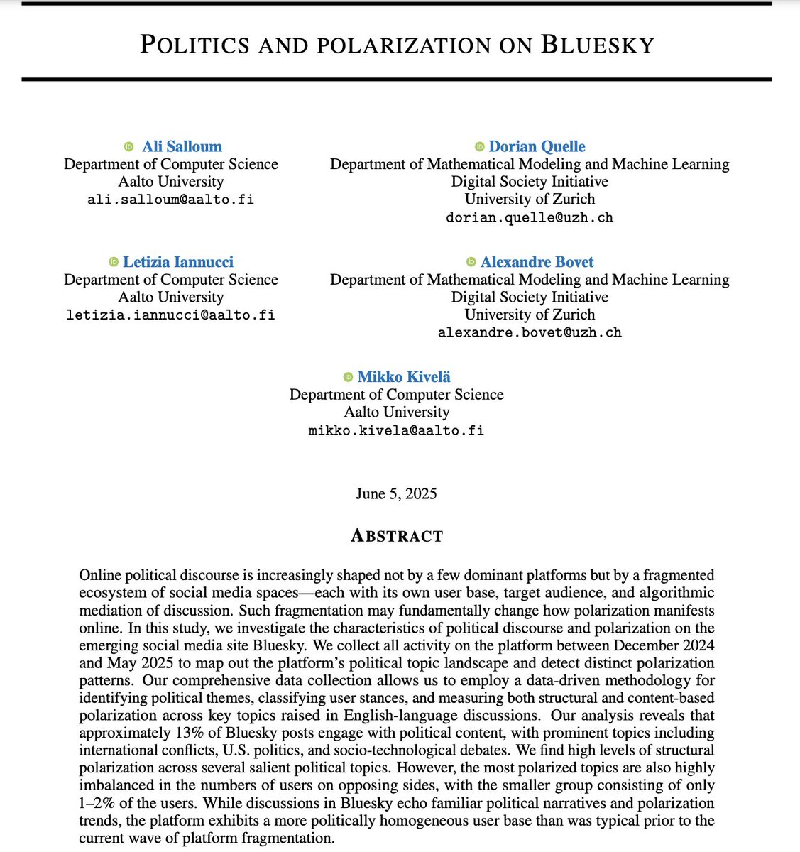 gvrkiran's tweet image. We (academics) complain a lot about X being a right wing echo chamber these days... (at least I do)
This paper shows that Bluesky is an echo chamber in its own ways. Though surprisingly only 13% of the content is political (similar to other social media)
arxiv.org/abs/2506.03443