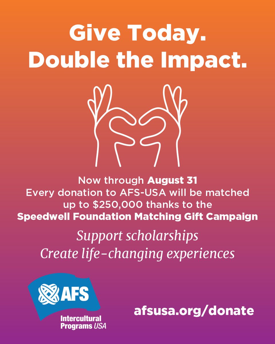 A gift today can change lives tomorrow! 🌎✈

Thanks to the generosity of Jenny and Mike Messner, every donation to AFS-USA will be matched up to $250,000 until Aug. 31. 

Give today and make double the impact at afsusa.org/donate

#AFS #AFSUSA #Scholarships #StudyAbroad