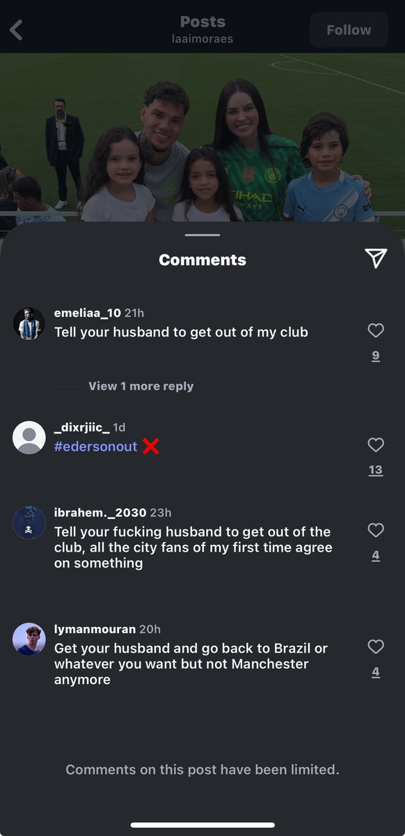 Talhaa10_'s tweet photo. This is fucked man. You don’t go on a footballer’s wife’s instagram post just slandering her husband. 

This Ederson hate has gone way too far. 

And before anyone says nah I’m not the ultimate fan, 

but u don’t do this kinda stuff man 🤦 https://t.co/CfCuTYMQYA