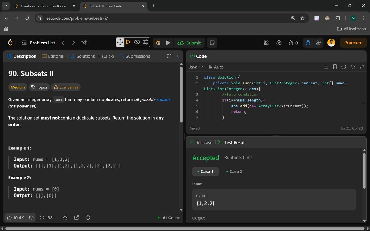 Manohar2909's tweet photo. 🚀 Day 32 of #100DaysOfCode – Tackling Complexity One Problem at a Time!

39. Combination Sum
90. Subsets II

#100DaysOfCoding #Java #DSA #Backtracking #LeetCode #CodingChallenge #ProblemSolving #TechJourney #LearnWithMe  #connect #FutureToWork https://t.co/BcxwXO5Xhe