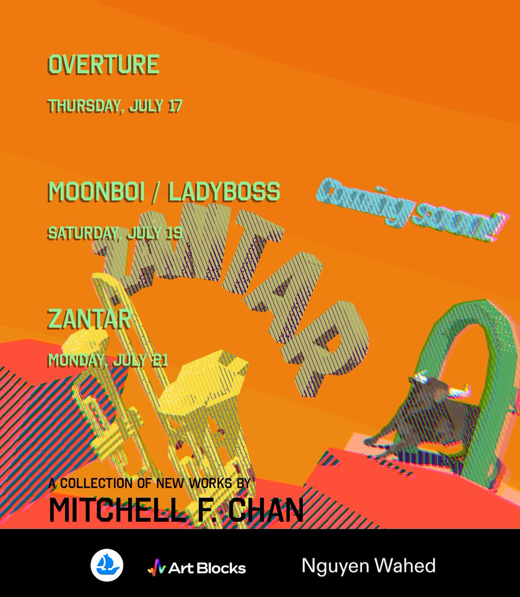 Mitchell F Chan (@mitchellfchan) on Twitter photo Announcement:
In May, I premiered a brand new collection of works at the gallery <a href="/nguyenwahed/">nguyenwahed</a> in NYC. Beginning July 17, that work will come online to the public, in collaboration with <a href="/opensea/">OpenSea</a> and <a href="/artblocks_io/">Art Blocks</a>.
Stay tuned. Announcement:
In May, I premiered a brand new collection of works at the gallery <a href="/nguyenwahed/">nguyenwahed</a> in NYC. Beginning July 17, that work will come online to the public, in collaboration with <a href="/opensea/">OpenSea</a> and <a href="/artblocks_io/">Art Blocks</a>.
Stay tuned.