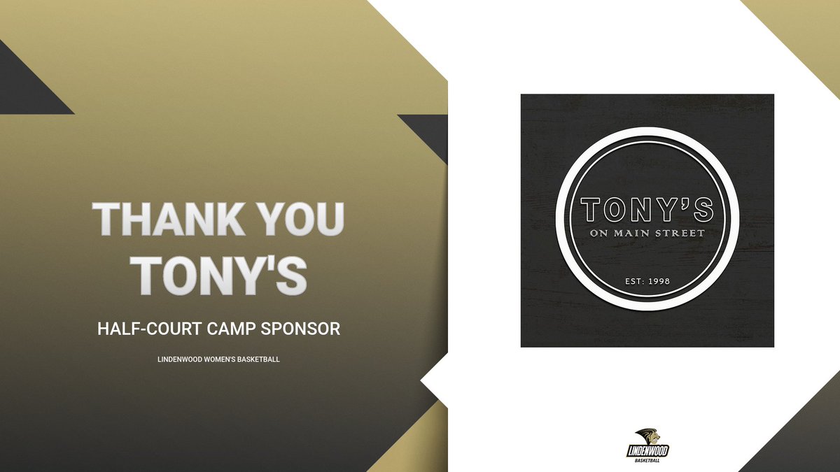 Lindenwood Women’s Basketball (@lindenwoodwbb) on Twitter photo A BIG Thank you to our Half-Court Camp Sponsor <a href="/tonysonmain/">Tony's on Main</a> We appreciate your support🖤💛🦁🏀 A BIG Thank you to our Half-Court Camp Sponsor <a href="/tonysonmain/">Tony's on Main</a> We appreciate your support🖤💛🦁🏀