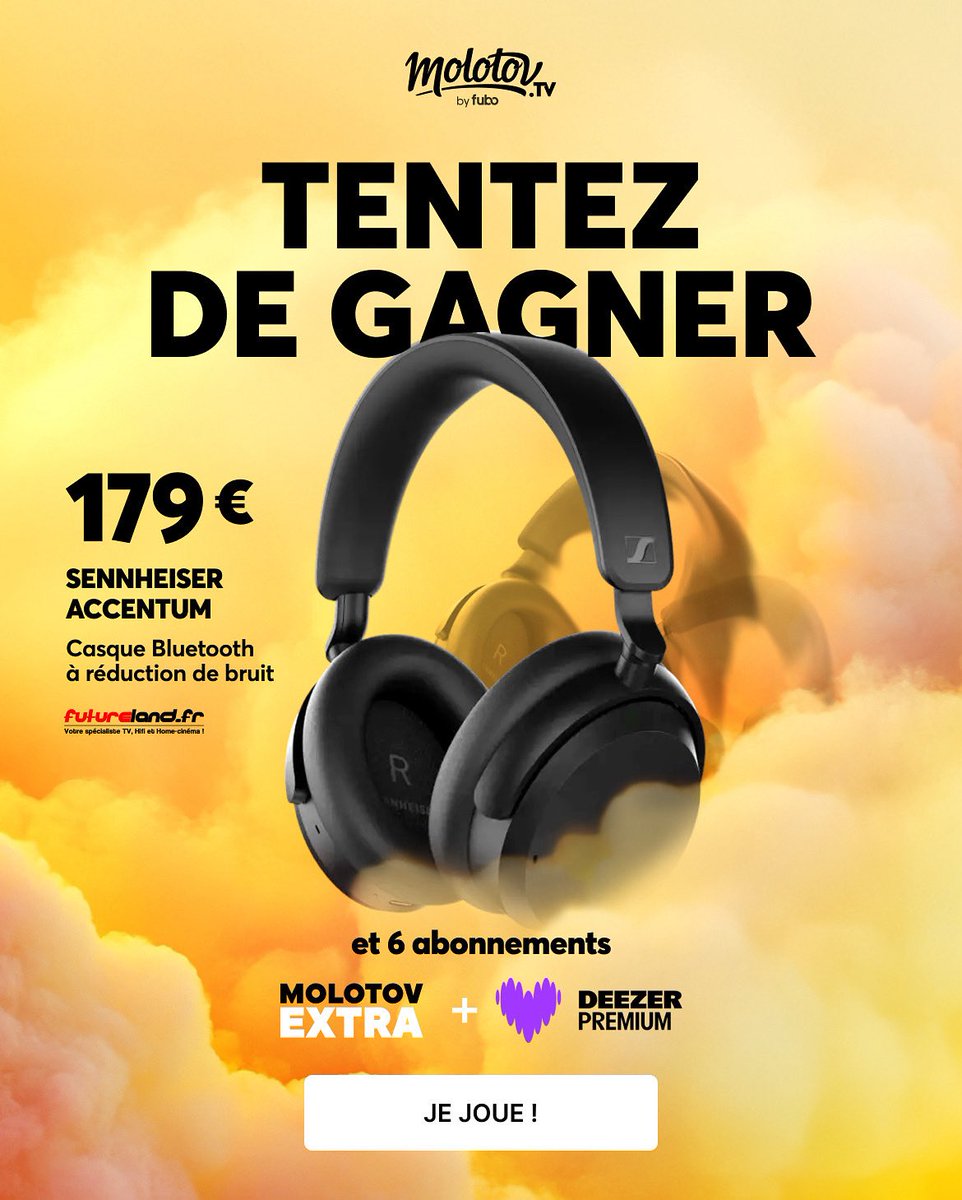 Molotov (@molotovtv) on Twitter photo Tente de remporter un casque SENNHEISER ACCENTUM ou un abonnement Deezer premium x Molotov Extra grâce à Molotov et Futureland ! 🥳
Pour cela rien de plus simple :
💛 Like ce post
💛 Abonne-toi à <a href="/MolotovTV/">Molotov</a> et à <a href="/Futureland_fr/">Futureland | HIFI - HOME CINÉMA - TV</a>
💛 Tag 2 ami(e)s en commentaires
Le règlement du Tente de remporter un casque SENNHEISER ACCENTUM ou un abonnement Deezer premium x Molotov Extra grâce à Molotov et Futureland ! 🥳
Pour cela rien de plus simple :
💛 Like ce post
💛 Abonne-toi à <a href="/MolotovTV/">Molotov</a> et à <a href="/Futureland_fr/">Futureland | HIFI - HOME CINÉMA - TV</a>
💛 Tag 2 ami(e)s en commentaires
Le règlement du