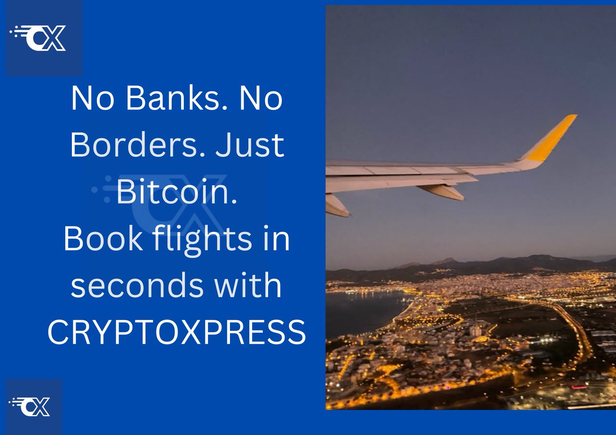 UnyimeEffi92227's tweet photo. ✈️ Book flights with #Bitcoin? YES.
@crypto_xpress makes it real.
Instant crypto payments
No banks.#Bitcoin #Crypto #BookFlightsWithCrypto #TravelWithBitcoin #CryptoTravelApp #PayWithCrypto #CryptoXpress #TravelSimplified #BitcoinUtility #BookFlightsOnlineIndia #BitcoinInIndia https://t.co/fakWB4vKhY