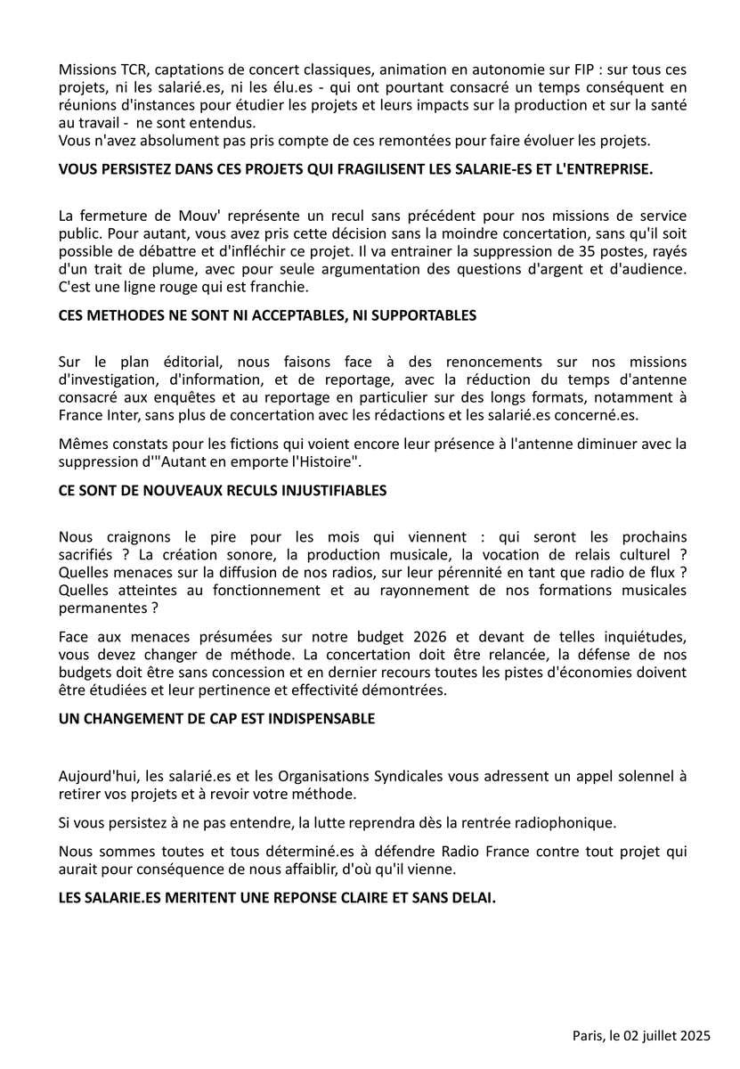 📣 Lettre ouverte à Sibyle Veil
STOP aux projets de casse de nos antennes et de nos métiers !
Les salarié·es de Radio France dénoncent l’absence de concertation, la casse des missions de service public et exigent un changement de cap.