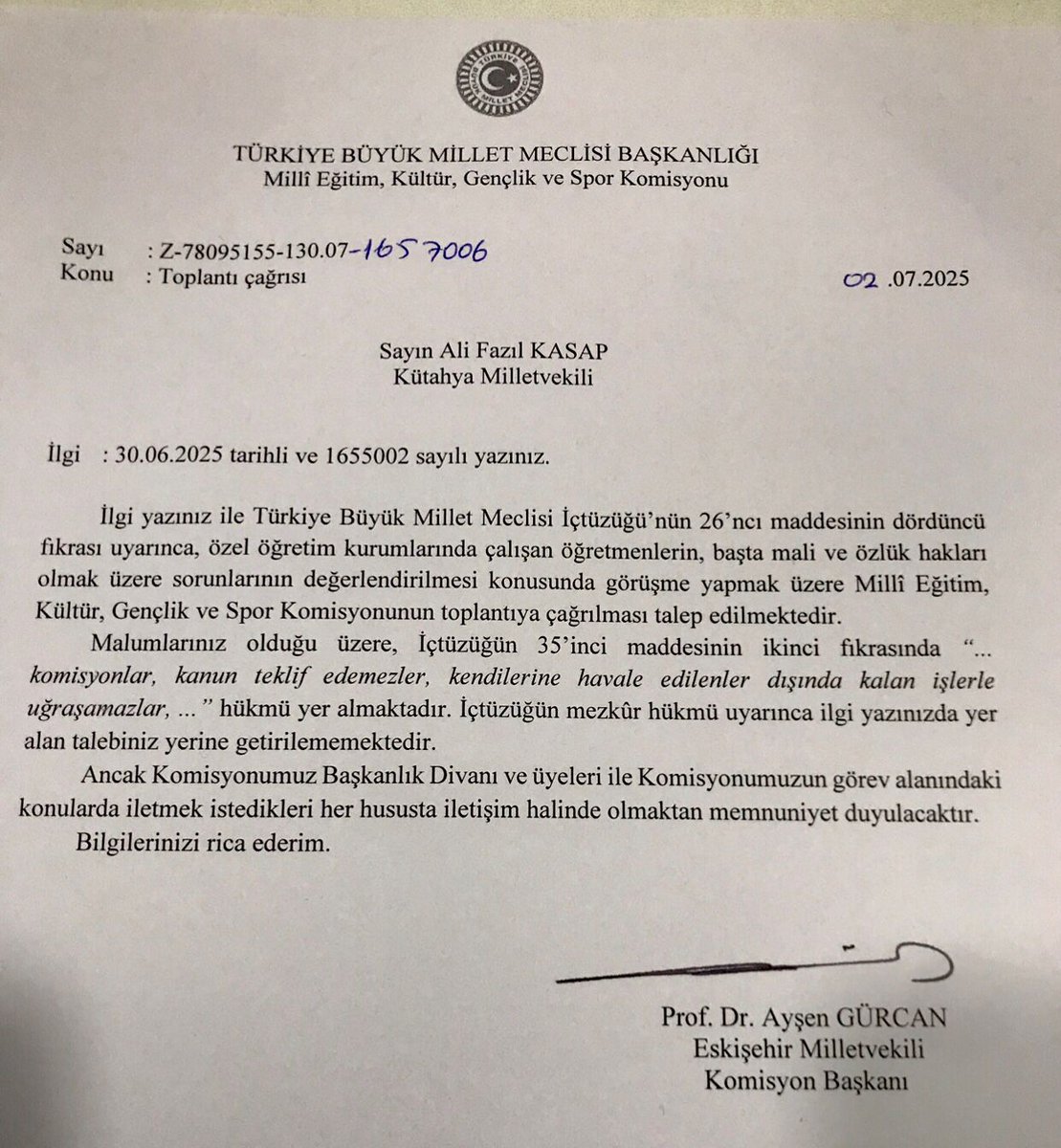 Özel sektör öğretmelerimiz başta olmak üzere öğretmenlerimizin  ve genel olarak eğitim sistemin içerisinde bulunduğu sorunlar için TBMM Milli Eğitim Komisyonunun toplanması için dilekçe vermiştik. Komisyon Başkanı bu talebimizi geri çevirdi. Bunca sorun var iken Milli Eğitim