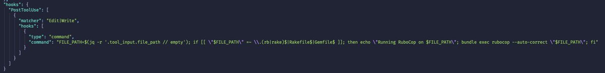 Justin_Dell's tweet photo. Using Claude Code Hooks to automatically run "rubocop --auto-correct" whenever a Ruby file is changed! https://t.co/BsfHoRoVUv
