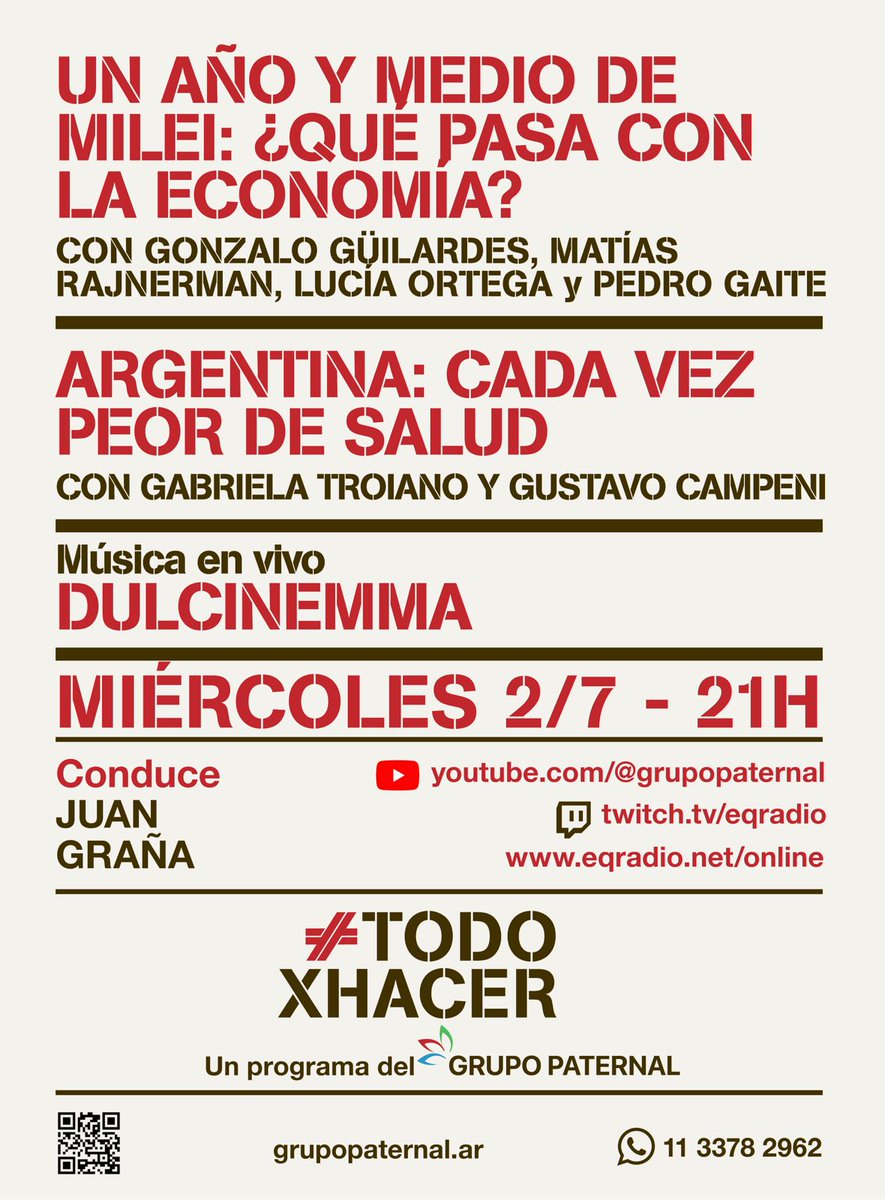 Grupo_Paternal (@grupo_paternal) on Twitter photo #TodoXHacer. Hoy 21hs
"Un año y medio de #Milei. Qué pasa con la economía #Argentina?" <a href="/pgaite5/">Pedro</a> <a href="/OrtegaLu_/">Lucía Ortega</a> <a href="/MatiasRajnerman/">Matías Rajnerman</a>
y Gonzalo Guilardes.
"Cada vez peor de salud" <a href="/gustavocampeni/">Gustavo Campeni</a> y Gabriela Troiano
Conduce <a href="/JuanMGrana/">Juan M. Graña 🧡💚</a>
Por el canal de YT youtube.com/@grupopaternal #TodoXHacer. Hoy 21hs
"Un año y medio de #Milei. Qué pasa con la economía #Argentina?" <a href="/pgaite5/">Pedro</a> <a href="/OrtegaLu_/">Lucía Ortega</a> <a href="/MatiasRajnerman/">Matías Rajnerman</a>
y Gonzalo Guilardes.
"Cada vez peor de salud" <a href="/gustavocampeni/">Gustavo Campeni</a> y Gabriela Troiano
Conduce <a href="/JuanMGrana/">Juan M. Graña 🧡💚</a>
Por el canal de YT youtube.com/@grupopaternal