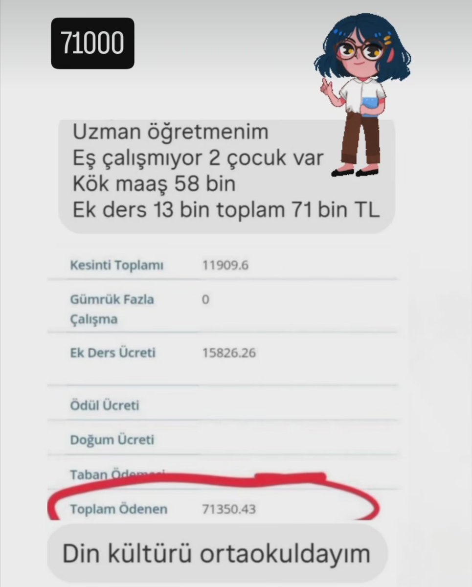 Tüm resmi tatilleri olan Uzman öğretmen maaşı ek derslerle 71 bin TL 

Hiçbir resmi tatili olmayıp her ay 260-300 saat çalışan Polis maaşı 55 bin TL 

Öğretmenlerimize aldıkları maaş helali hoş olsun. Burda anlatmak istediğimiz polis maaşının aşırı düşüklüğü. 

#PoliseNedenHaram