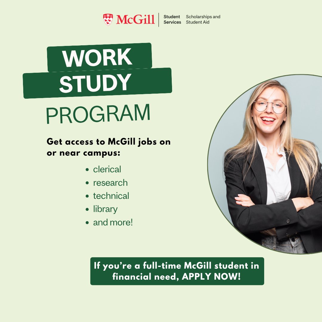 Are you a student in financial need and looking for on-campus work? Our Work Study application form is now open on Minerva! Explore job opportunities at McGill on or near campus: mcgill.ca/studentaid/wor…

#McGill #Student #Jobs #WorkStudy