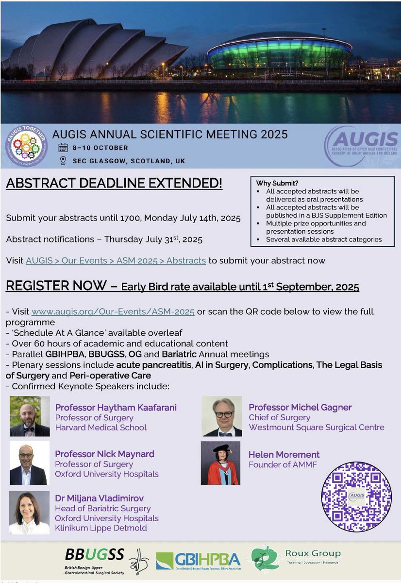 roux_group's tweet image. 🚨 AUGIS ASM 2025 – Abstract Deadline Extended!
Submit your work by 14th of July 🗓️
🎤 Oral presentations
📚 Published in BJS
🏆 Prizes & recognition
Submit here: augis.org/Our-Events/ASM…