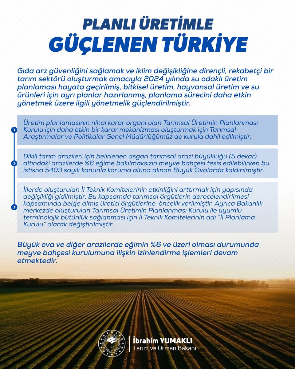🇹🇷 PLANLI ÜRETİMLE GÜÇLENEN TÜRKİYE

🌾 Gıda arz güvenliğini sağlamak ve iklim değişikliğine karşı dirençli bir tarım için, bitkisel, hayvansal ve su ürünleri alanlarında üretim planlamasını güçlendirdik.

Resmî Gazete'de yayımlanan "Tarımsal Üretim Planlaması Hakkında