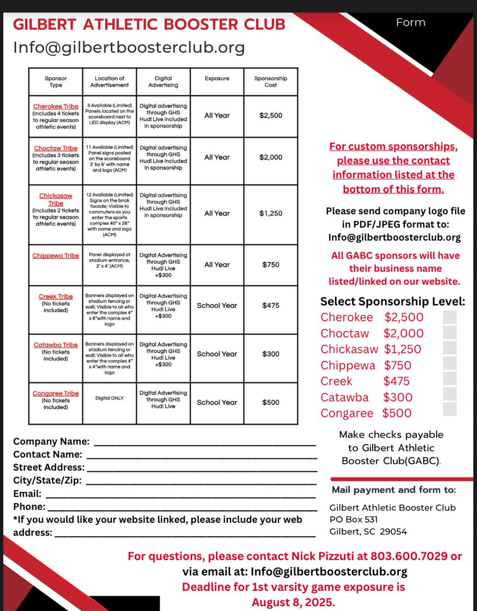 Thankyou! To all of our 2024-25 business sponsors. We are now kicking off our 2025-26 season and are in the process of teaming up with business sponsors for the approaching school year. 
If you would like to become a GABC sponsor please see form or gilbertboosterclub.org