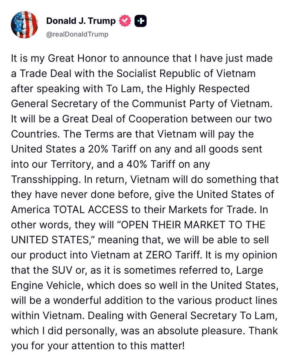 New: Trump’s tariff on #Vietnam will be 20%—down from the originally proposed 46%. A 40% tariff will apply to ‘transshipped’ (Chinese) goods, but the admin has been vague as to what exactly would qualify for the higher rate. In exchange, the U.S. will sell to 🇻🇳 w/ ‘ZERO’ tariffs