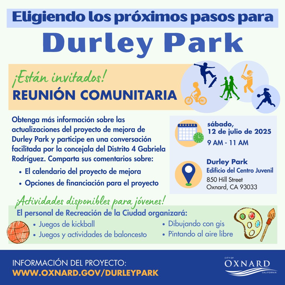 Join us Sat., July 12, 9am-11am at Durley Park in the Youth Center Building (850 Hill Street) for a community meeting with District 4 Councilwoman Gabriela Rodríguez to learn more about Durley Park Improvement Project updates and share your feedback!

oxnard.gov/durleypark