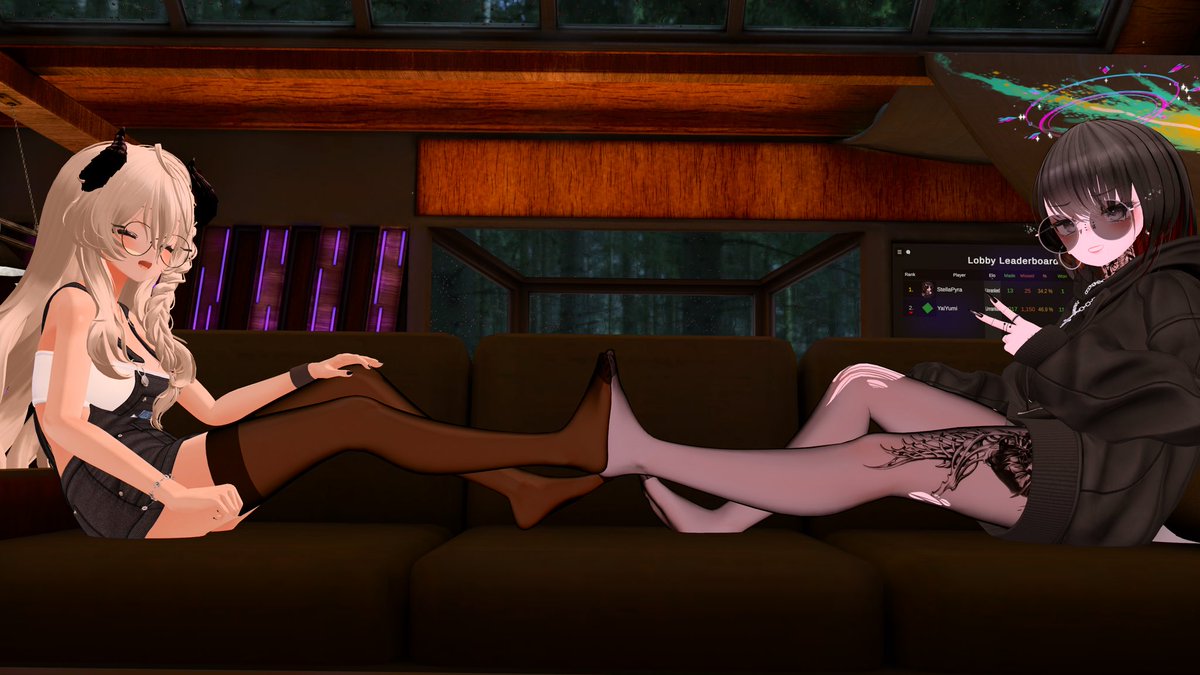Stocking feet.. casual outfit…

Two goddess enjoying a late night hang out sharing a tiny between the two of them. 

Imagine being trapped between them~ 

Would you survive &gt;:3

#SizeTwitter #SizeVR #Giantess