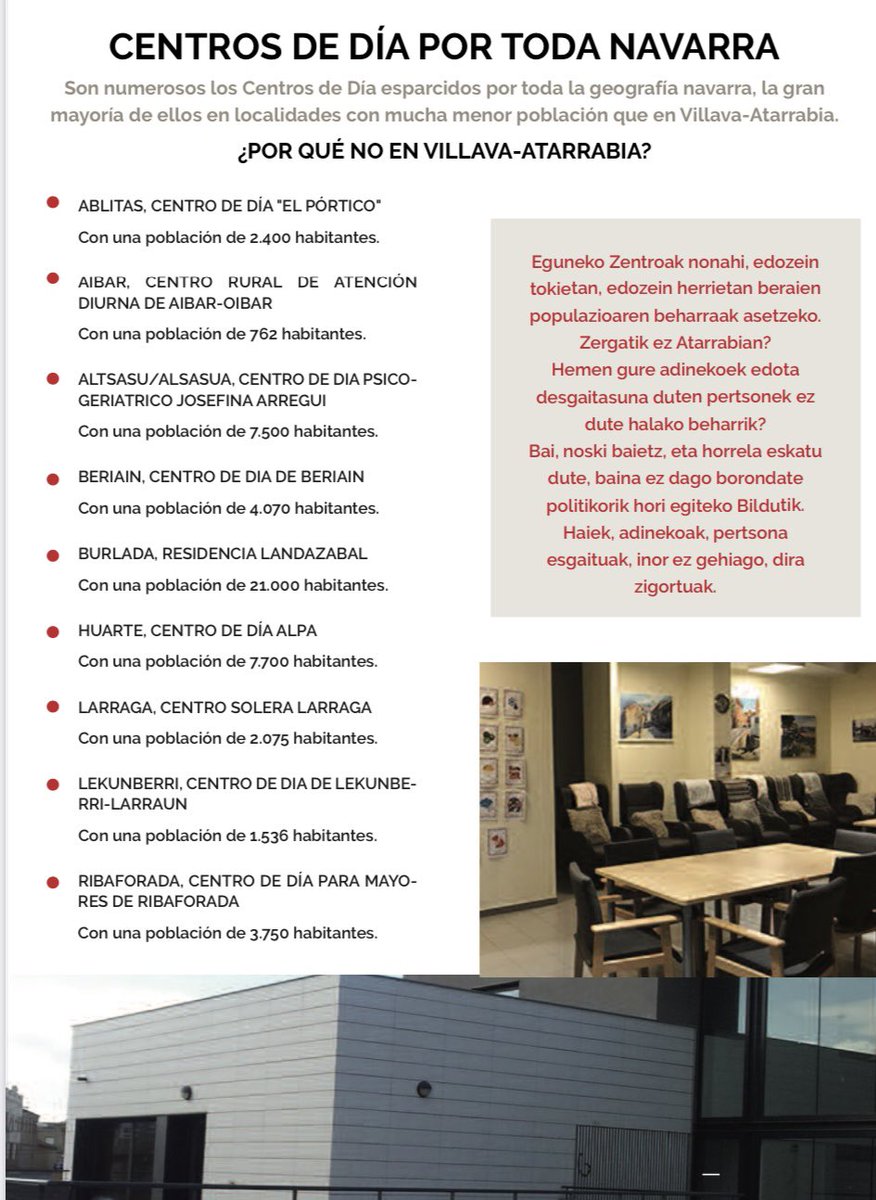 Desde Atarrabia <a href="/geroabai/">Geroa Bai</a> volvemos a reivindicar un Centro de Día para Villava, en nuestro boletín. Es la principal demanda de la población de más edad, de acuerdo a un estudio realizado por el propio Ayuntamiento.
Zertarako egin zen ikerketa? Haien eskaerak ez asetzeko?