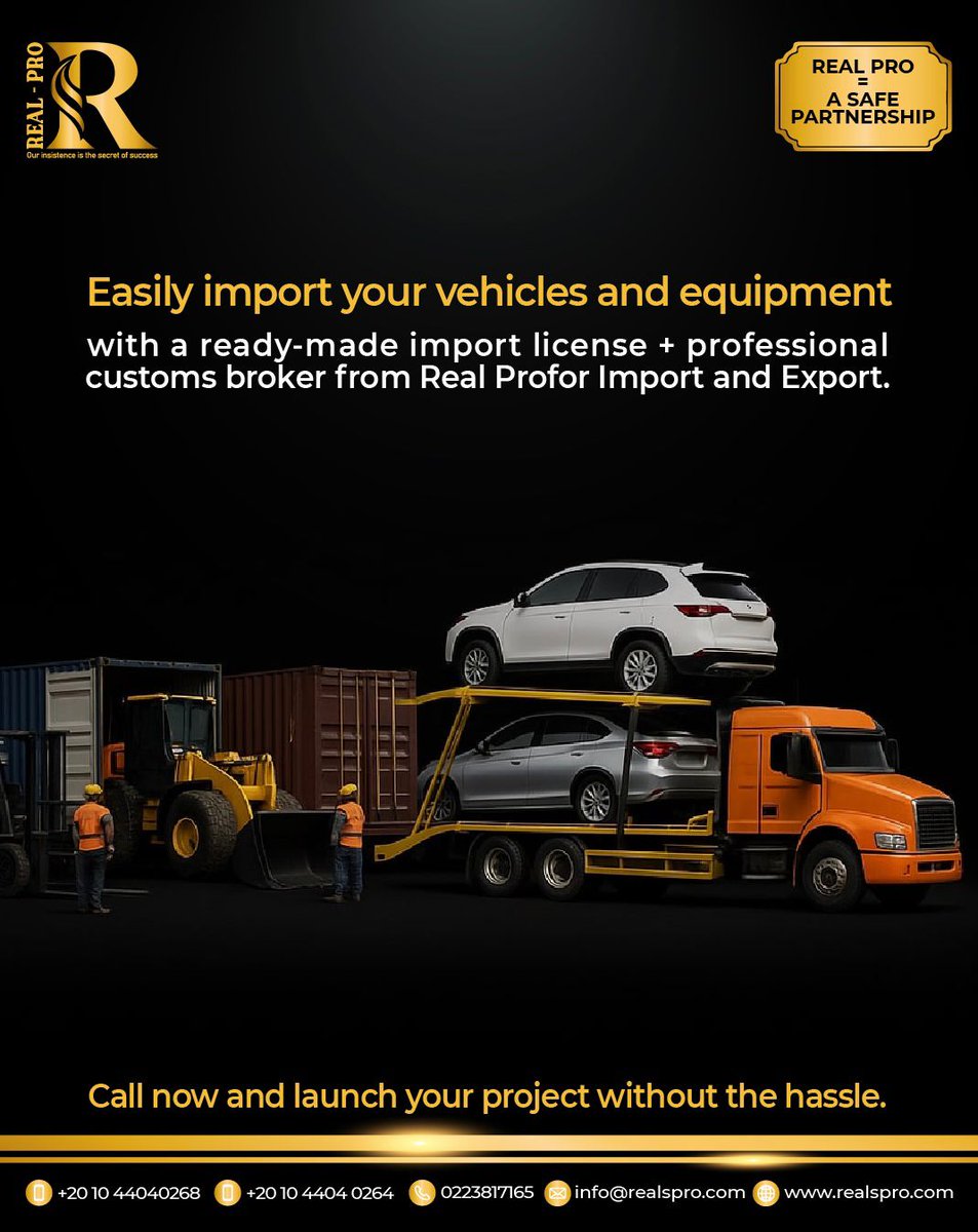 REALPRO31287's tweet photo. 🚗 Want to import vehicles or equipment without your own license?
Real Pro makes it easy:
✅ Customs clearance
✅ Shipping from EU, Asia, Gulf
✅ Full transport equipment coverage
📞 01044040268
✉️ info@realspro.com
#Import #Transport #RealPro https://t.co/cL6Q2EzrH1