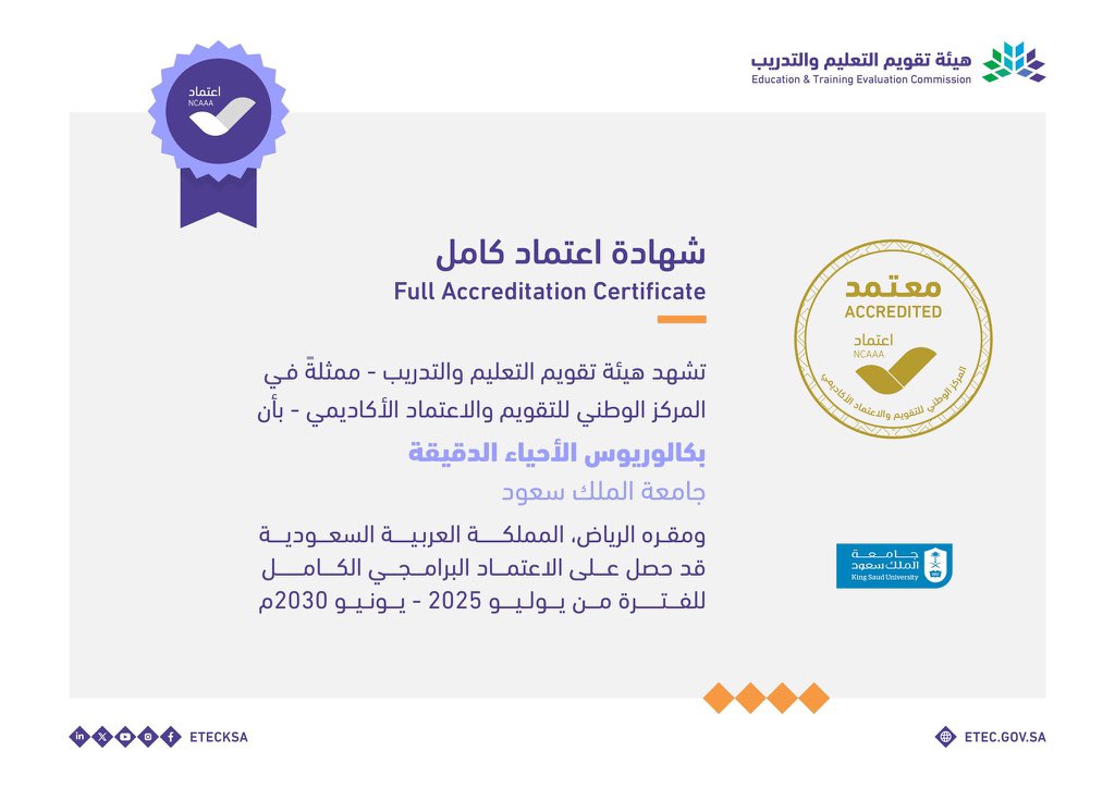 حصلت أربعة برامج وهي: ماجستير الإحصاء، وبكالوريوس التخطيط والتصميم العمراني، وبكالوريوس النبات، وبكالوريوس الأحياء الدقيقة في #جامعة_الملك_سعود على الاعتماد البرامجي الكامل حتى يونيو 2030م.