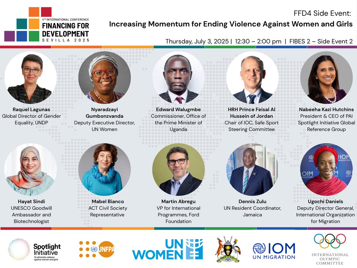 Join <a href="/UN_Women/">UN Women</a>, <a href="/UNFPA/">UNFPA</a> &amp; <a href="/GlobalSpotlight/">Spotlight Initiative</a> for a #FFD4 side event on accelerating action to end violence against women and girls.
🗓️ July 3 | 12:30–2pm 
📍 FIBES-Sevilla, Side Event Room 2
PAI CEO @NabeehaKazi will speak alongside champions calling for urgent action and financing.