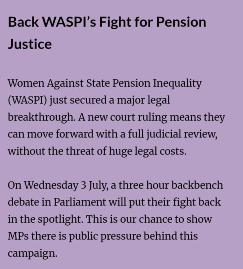 Tomorrow's debate "is our chance to show MPs there is public pressure behind this campaign," says <a href="/fawcettsociety/">Fawcett Society</a>  We're grateful for their support. Please tweet your MP &amp; ask them to speak out for #WASPI women at the Backbench debate on THURSDAY, 3rd July. It's time for justice.