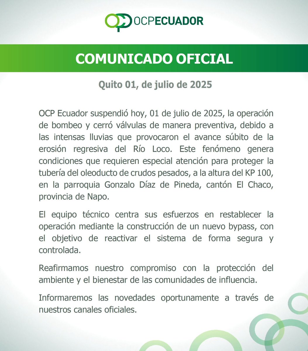 Tendenciasx_ecu's tweet photo. "Río Loco"
Porque el 'OCP Ecuador' suspendió temporalmente el bombeo de petróleo y cerró las válvulas del Oleoducto de Crudos Pesados (OCP), como medida preventiva ante la erosión regresiva del río Loco, en la provincia de Napo.
#Napo #RioLoco #OCP #Petroleo #Ecuador https://t.co/mJPucOxU0M