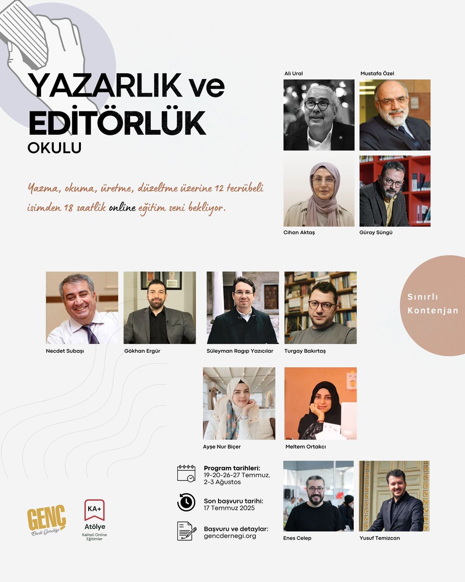 🎉 Yazarlık ve Editörlük Okulu Başlıyor!

Yazma, okuma, üretme, düzeltme üzerine 12 tecrübeli isimden 18 saatlik online eğitim seni bekliyor.

⚠ Son başvuru tarihi: 17 Temmuz 2025

🔗 Detaylı bilgi ve kayıt için linke tıklayabilirsiniz;

forms.gle/uuupYQDb2boLRB…