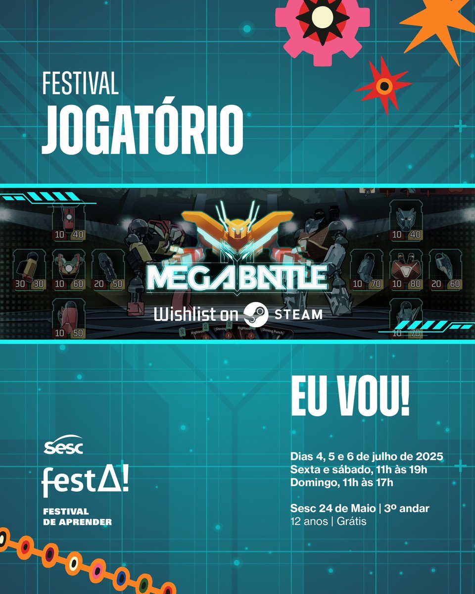 playmegabattle's tweet image. 🚨 Fomos selecionados para o Festival Jogatório 2025!
De 4 a 6 de julho, no Sesc 24 de Maio (SP), com mais de 35 jogos digitais, RPGs e tabuleiros 🎮
Entrada gratuita, bora?
🕒 11h–19h (sex/sáb) | 11h–17h (dom)
📍 R. 24 de Maio, 109 – SP
#FestivalJogatório #IndieGame #GameDevBR