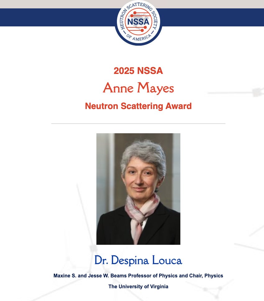 Materials Science and Engineering at Penn (@mseatpenn) on Twitter photo @mseatpenn would like to congratulate Penn MSE alumna Despina Louca (Ph.D. ’97) on receiving the 2025 Anne Mayes Neutron Scattering Prize!
Honored for her leadership, mentorship & research in quantum materials. A proud moment for <a href="/UVaPhysicsDept/">UVa Physics</a> and <a href="/PennEngineers/">Penn Engineering</a> @mseatpenn would like to congratulate Penn MSE alumna Despina Louca (Ph.D. ’97) on receiving the 2025 Anne Mayes Neutron Scattering Prize!
Honored for her leadership, mentorship & research in quantum materials. A proud moment for <a href="/UVaPhysicsDept/">UVa Physics</a> and <a href="/PennEngineers/">Penn Engineering</a>