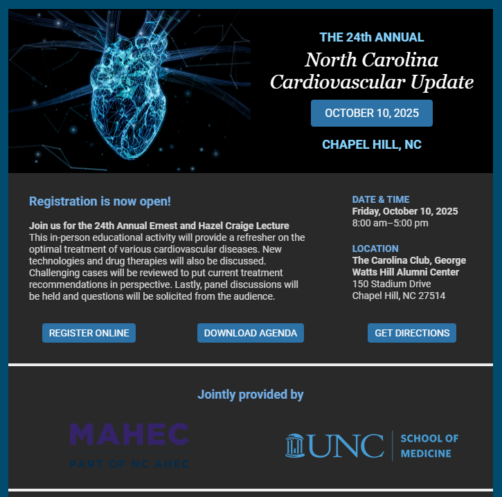 UNC Division of Cardiology (@unccardiology) on Twitter photo Registration is now open at mahec.net/home/event/755… for the 24th annual NC Cardiovascular Update! Hope you will be able to join us! <a href="/UNC_SOM/">UNC School of Medicine</a> <a href="/UNC_MHI/">UNC McAllister Heart</a> <a href="/UNC_Health_Care/">UNC Health</a> <a href="/UNCDeptMedicine/">UNC Department of Medicine</a> Registration is now open at mahec.net/home/event/755… for the 24th annual NC Cardiovascular Update! Hope you will be able to join us! <a href="/UNC_SOM/">UNC School of Medicine</a> <a href="/UNC_MHI/">UNC McAllister Heart</a> <a href="/UNC_Health_Care/">UNC Health</a> <a href="/UNCDeptMedicine/">UNC Department of Medicine</a>
