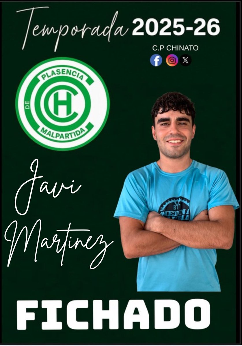 ⚪🟢 ¡FICHAJE OFICIAL! ⚪🟢

✍🏻 JAVI MARTÍNEZ
🔥 Delantero potente, rápido ⚡ y con mucha proyección 📈.
💥 Llega al CP Chinato tras rechazar ofertas de los grandes del grupo 🧤👀.

🛡️ Formado en la cantera del CD Coria y procede del Torreorgaz.

🧠 Juventud, 💪 ambición y ⚽gol