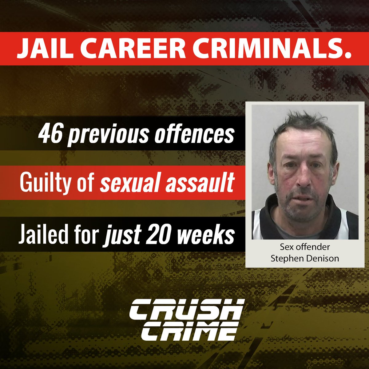 Stephen Denison was convicted of sexual assault – for the third time.

He had 46 previous offences on his record including groping a teenage schoolgirl at a bus station.

He was jailed for just 20 weeks.

MORE CRIME must mean MORE TIME.